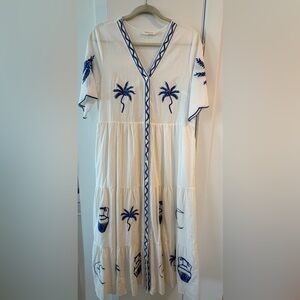 Embroidered White and Blue Maxi Dress